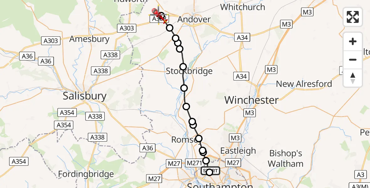 Flight path map showing Air Ambulance Helicopter route from University Hospital Southampton to Fyfield