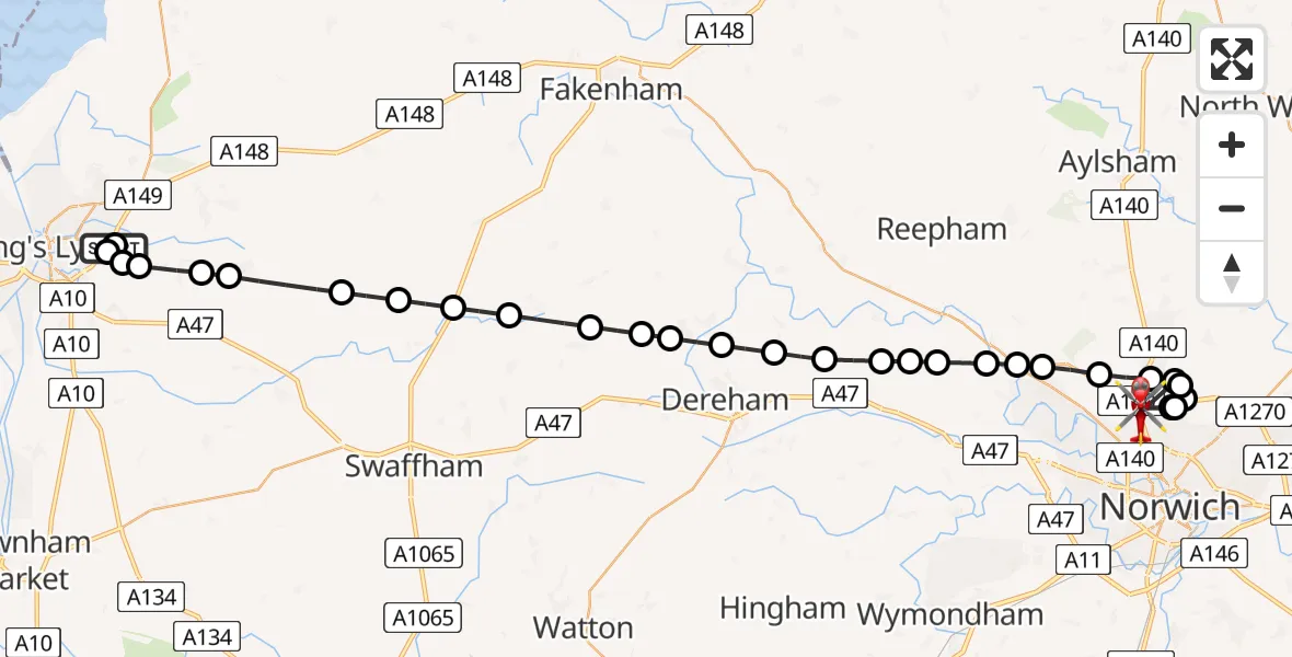 Flight path map showing Air Ambulance Helicopter route from Queen Elizabeth Hospital to Norwich Airport
