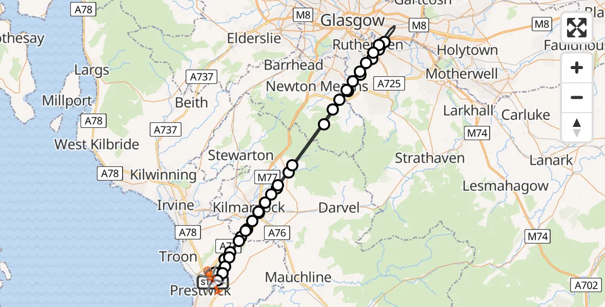 Flight path map showing Coastguard Helicopter route from Glasgow Prestwick Airport to Glasgow Prestwick Airport