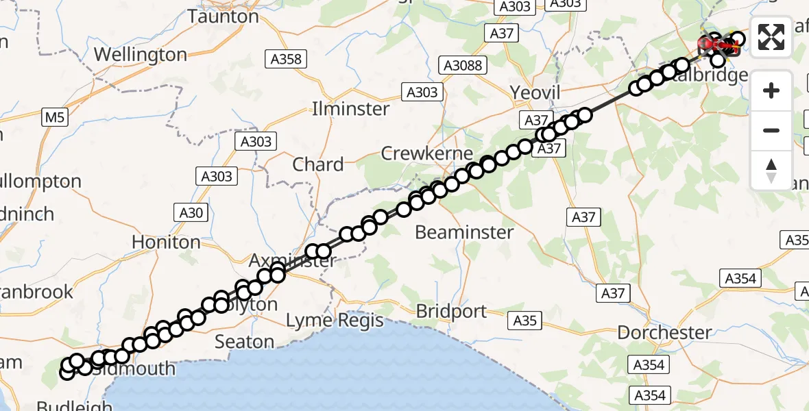 Flight path map showing Air Ambulance Helicopter route from Henstridge Airfield to Henstridge Airfield