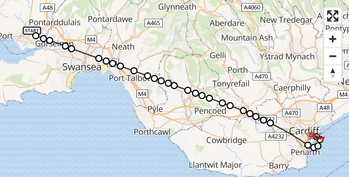 Routekaart van de vlucht: Air Ambulance Helicopter to Cardiff Heliport, Foreshore Road