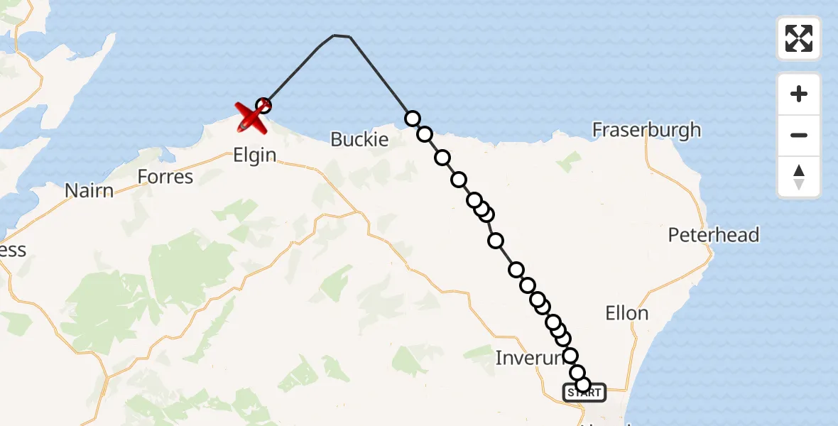Flight path map showing Air Ambulance Aircraft route from Aberdeen City to Lossiemouth