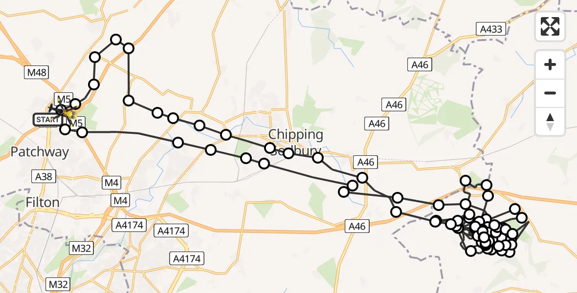Flight path map showing Police Helicopter route from Almondsbury to Almondsbury Helicopter Base