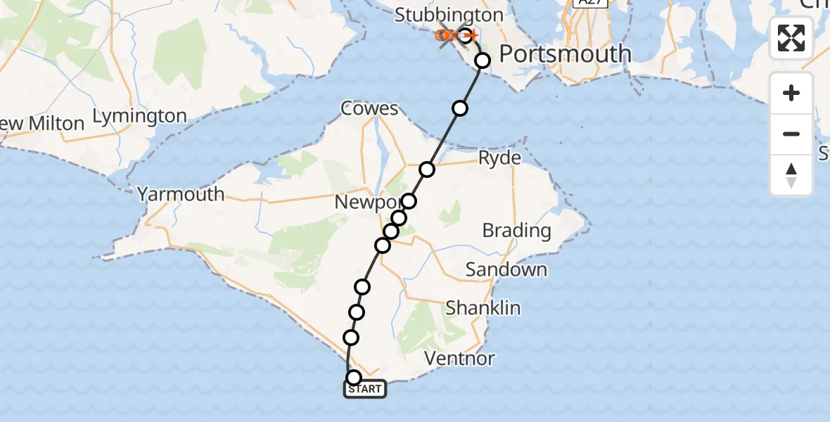 Flight path map showing Coastguard Helicopter route from Niton to Solent Airport