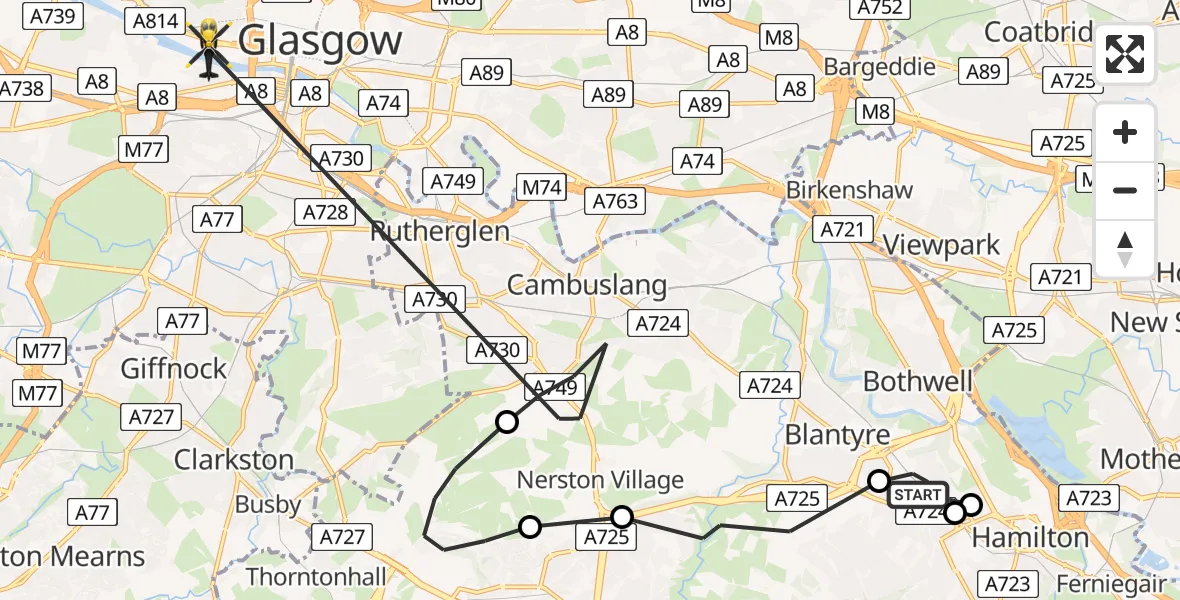 Flight path map showing Police Helicopter route from Bothwell to Glasgow