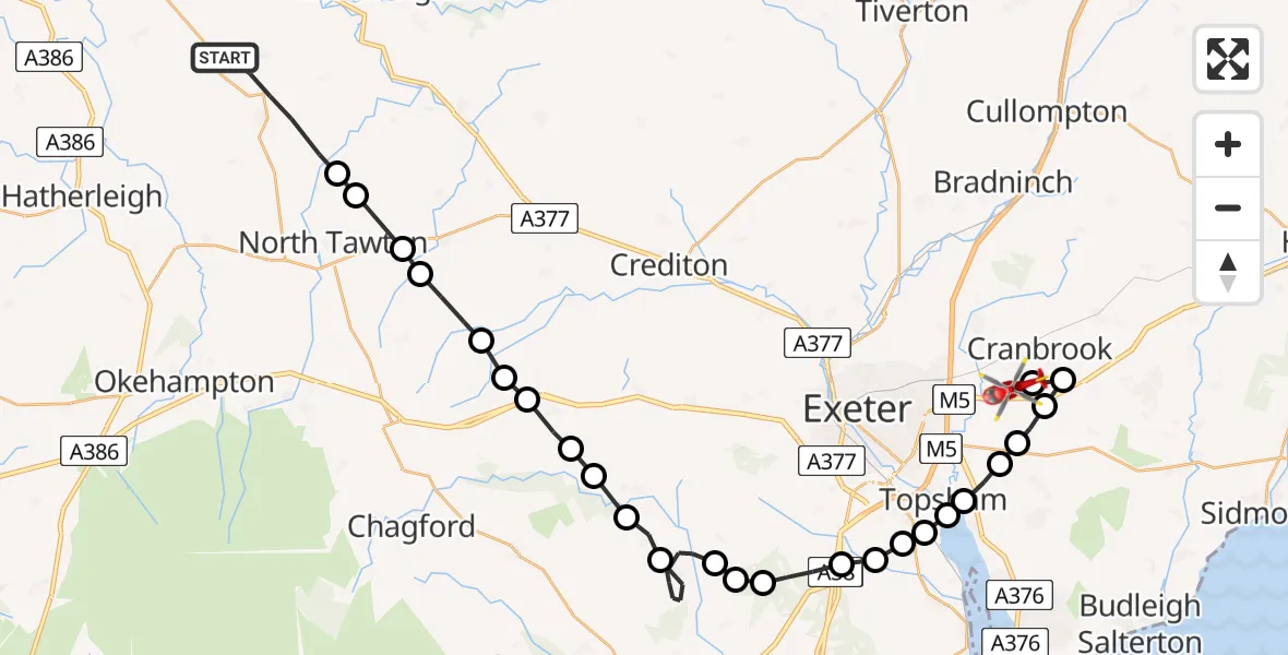 Flight path map showing Air Ambulance Helicopter route from Winkleigh to Exeter International Airport