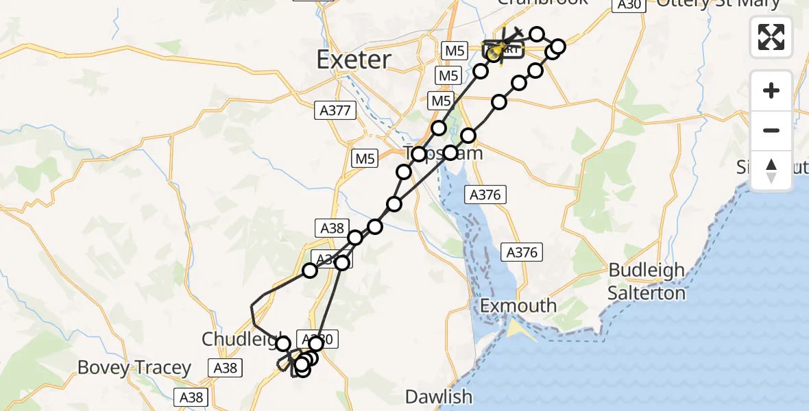 Flight path map showing Police Helicopter route from Exeter International Airport to Exeter International Airport