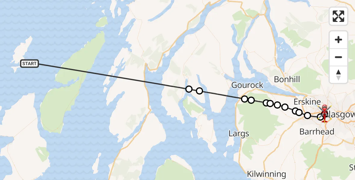Flight path map showing Air Ambulance Helicopter route from Inner Seas to Queen Elizabeth Hospital