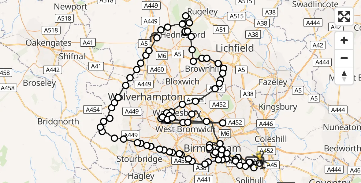 Flight route Police Helicopter Birmingham Airport - Birmingham Airport, 25 March 2026, 21:12