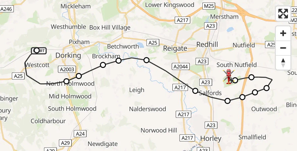 Flight path map showing Air Ambulance Helicopter route from Mole Valley to Redhill Aerodrome