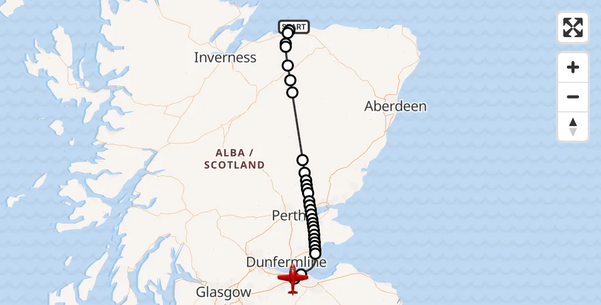 Flight path map showing Air Ambulance Aircraft route from Shempston Farm Airstrip to Edinburgh Airport