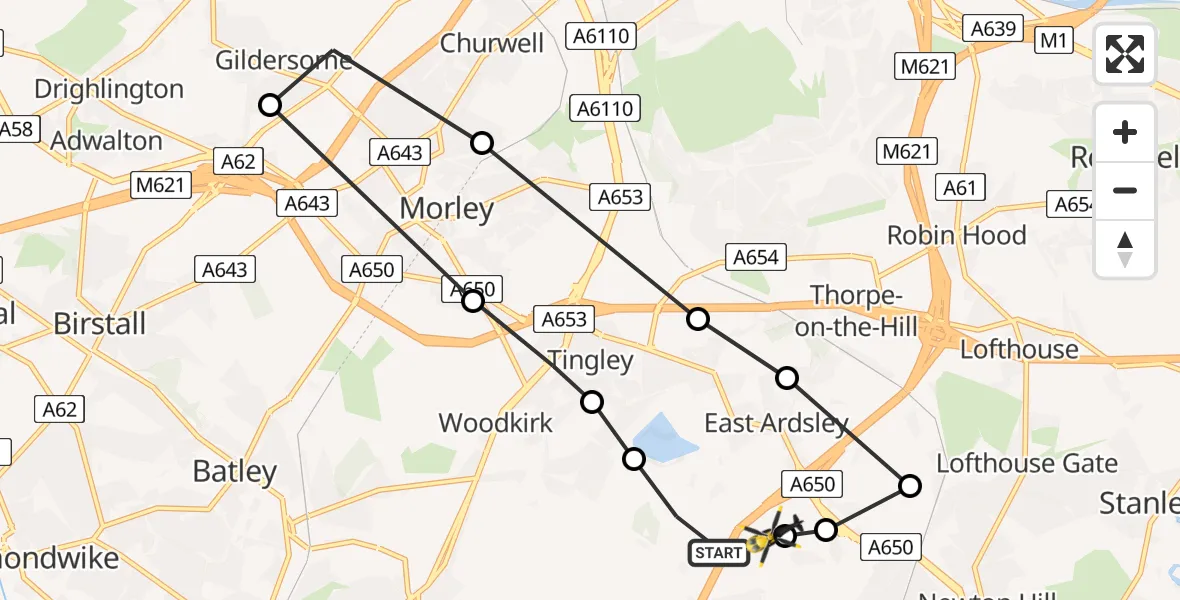 Flight path map showing Police Helicopter route from East Ardsley to East Ardsley