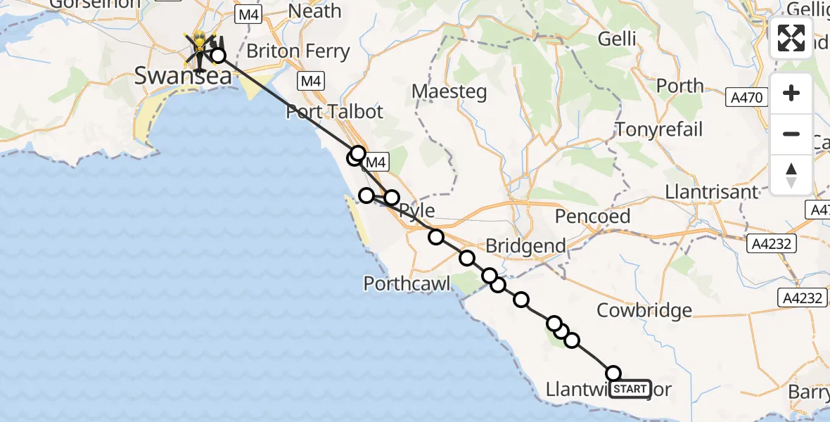Flight path map showing Police Helicopter route from Boverton to Swansea