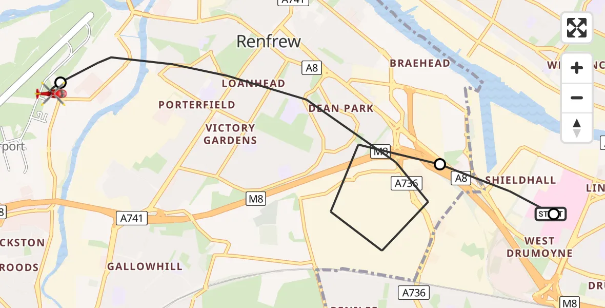 Flight path map showing Air Ambulance Helicopter route from Queen Elizabeth Hospital to Glasgow Airport