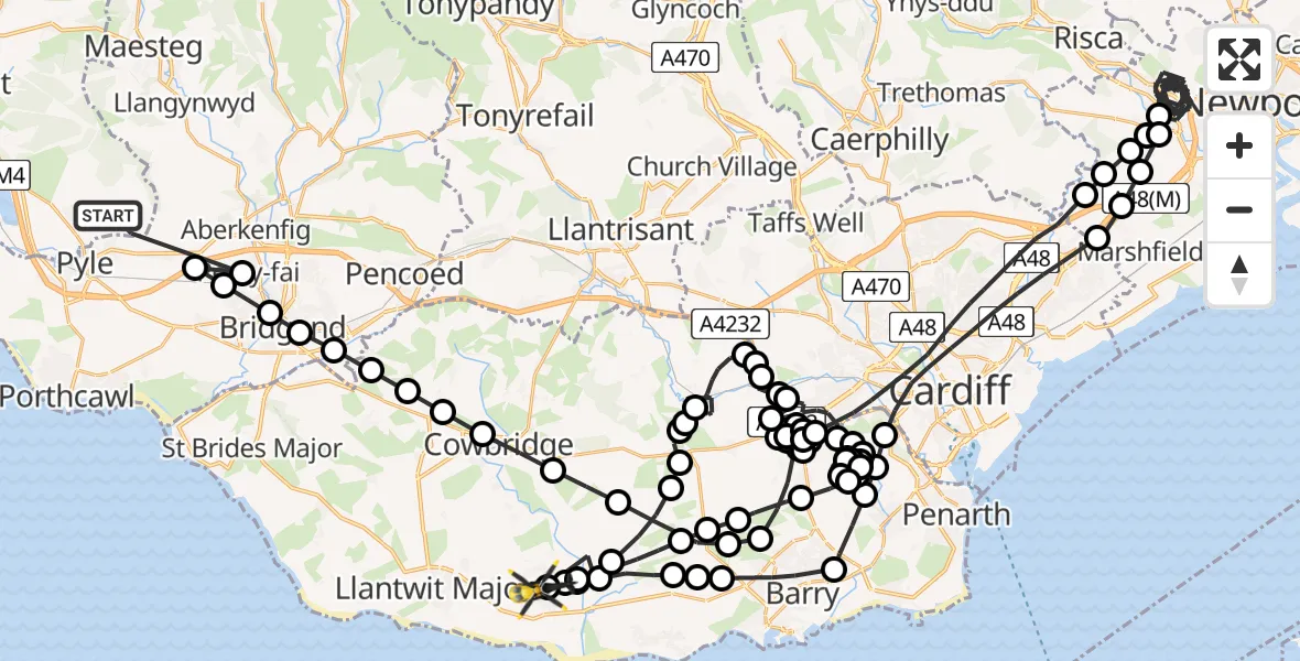 Flight path map showing Police Helicopter route from Pen y Bryn to MOD St Athan