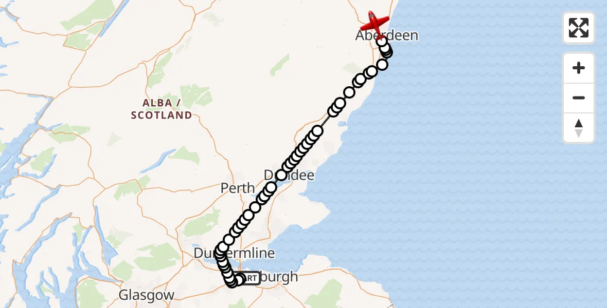 Flight path map showing Air Ambulance Aircraft route from Edinburgh Airport to Aberdeen International Airport