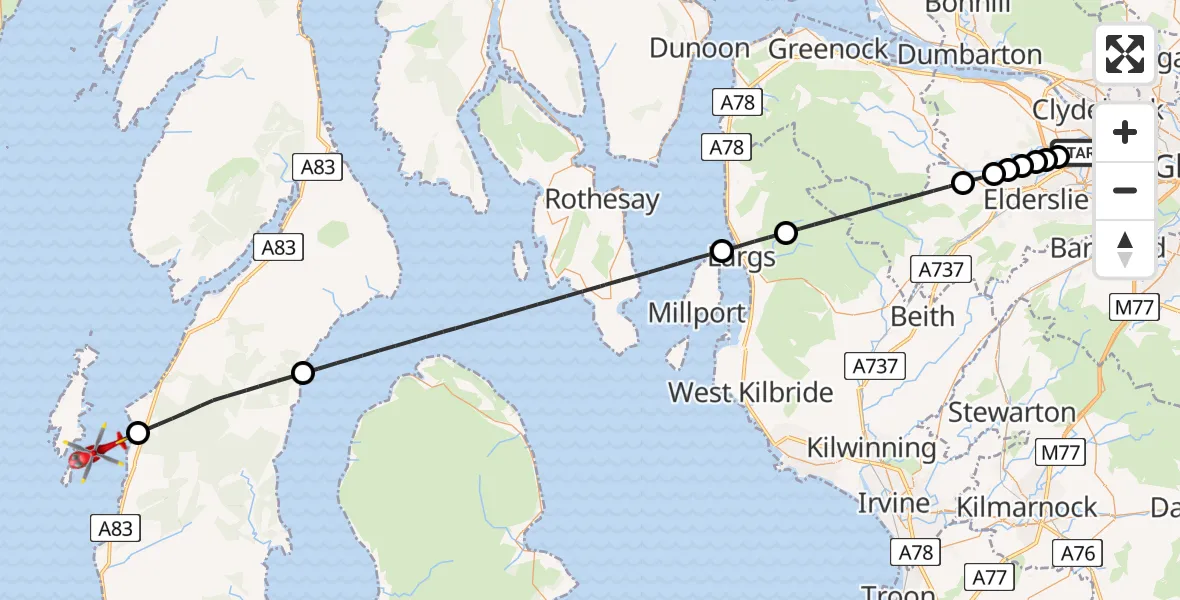 Flight path map showing Air Ambulance Helicopter route from Glasgow Airport to Inner Seas