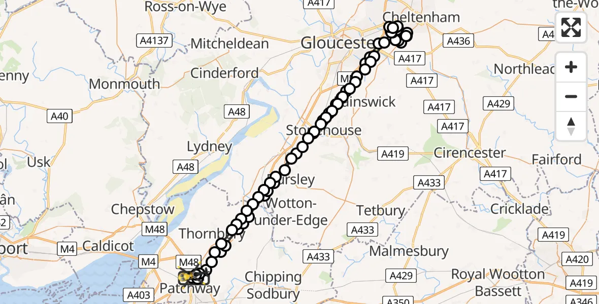 Flight path map showing Police Helicopter route from Almondsbury Helicopter Base to Almondsbury Helicopter Base