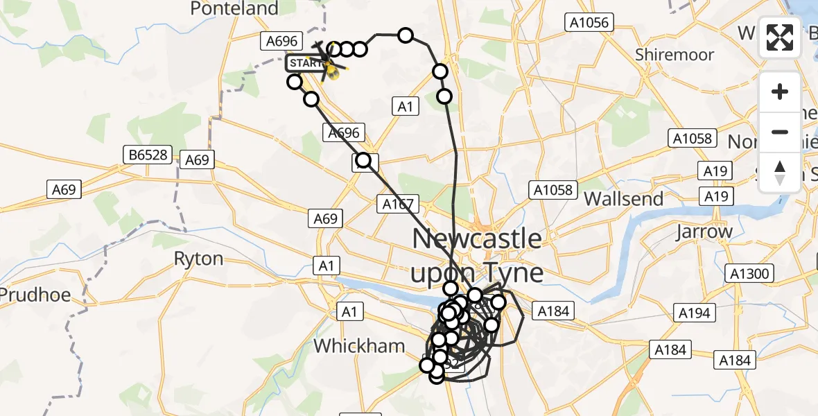 Flight path map showing Police Helicopter route from Newcastle International Airport to Newcastle International Airport