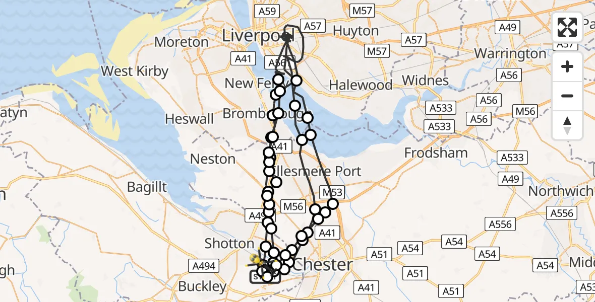 Flight path map showing Police Helicopter route from Hawarden Airport to Sandycroft