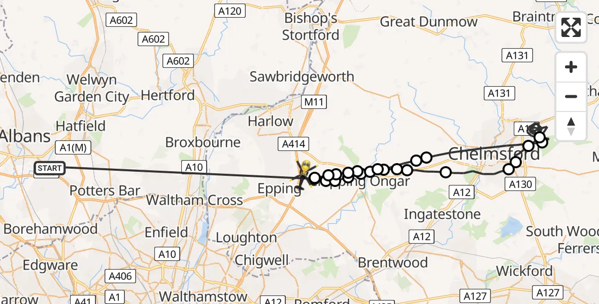 Flight path map showing Police Helicopter route from Hertsmere to North Weald Bassett