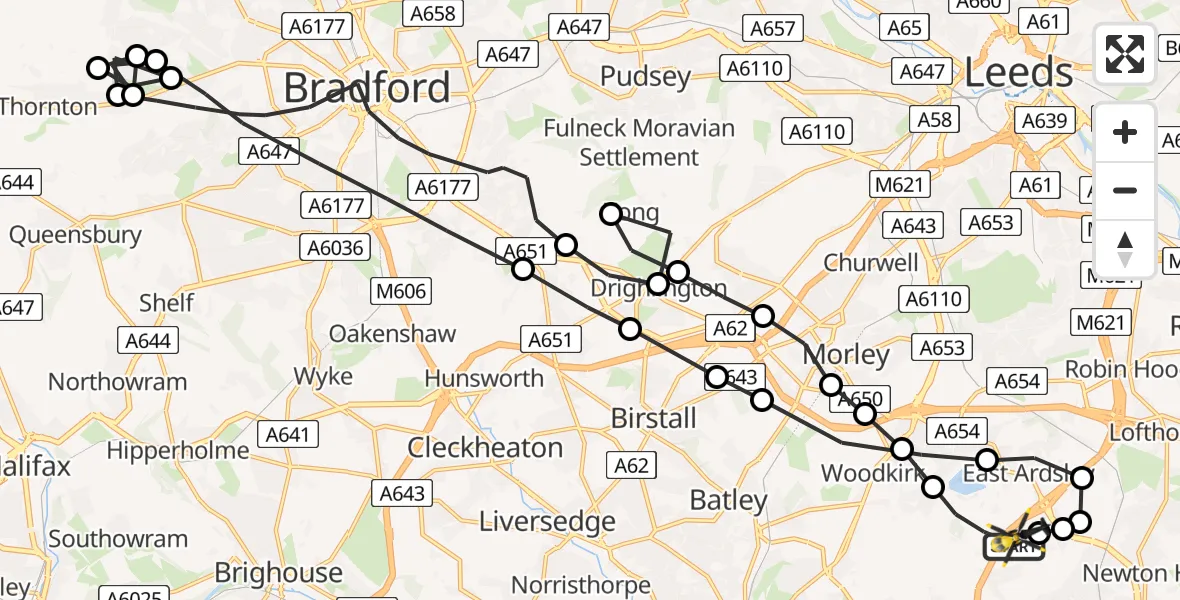 Flight path map showing Police Helicopter route from East Ardsley to East Ardsley