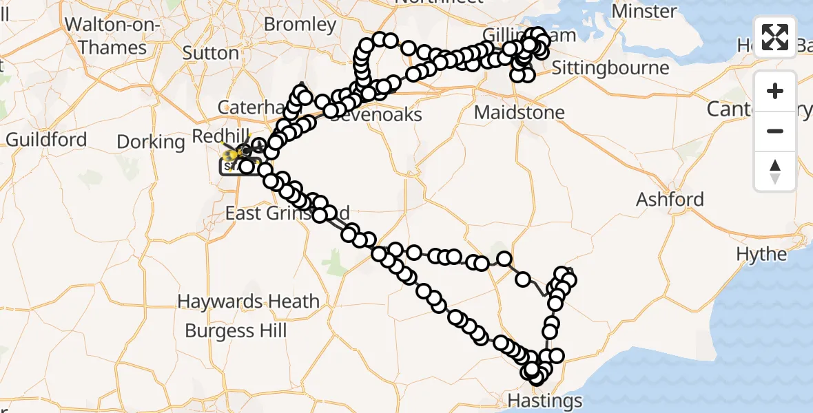 Flight path map showing Police Helicopter route from Tandridge to South Nutfield