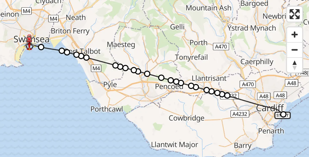 Flight path map showing Air Ambulance Helicopter route from Cardiff Heliport to Swansea