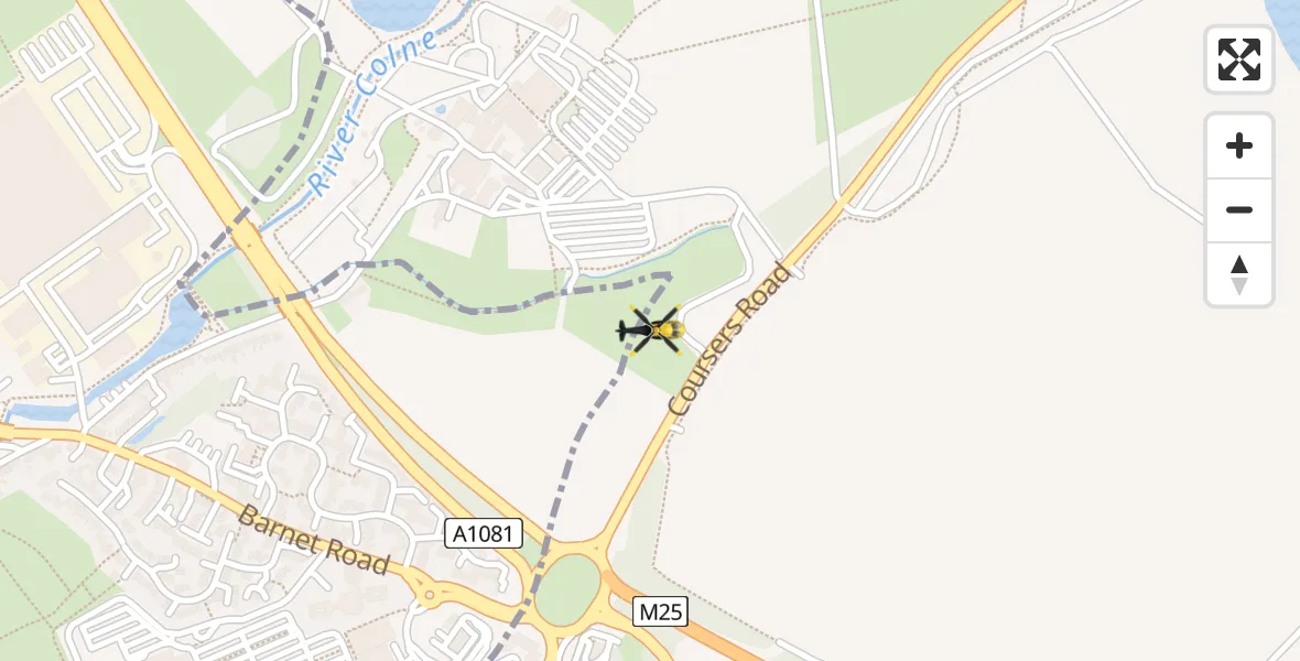 Flight path map showing Police Helicopter route from Hertsmere to Hertsmere