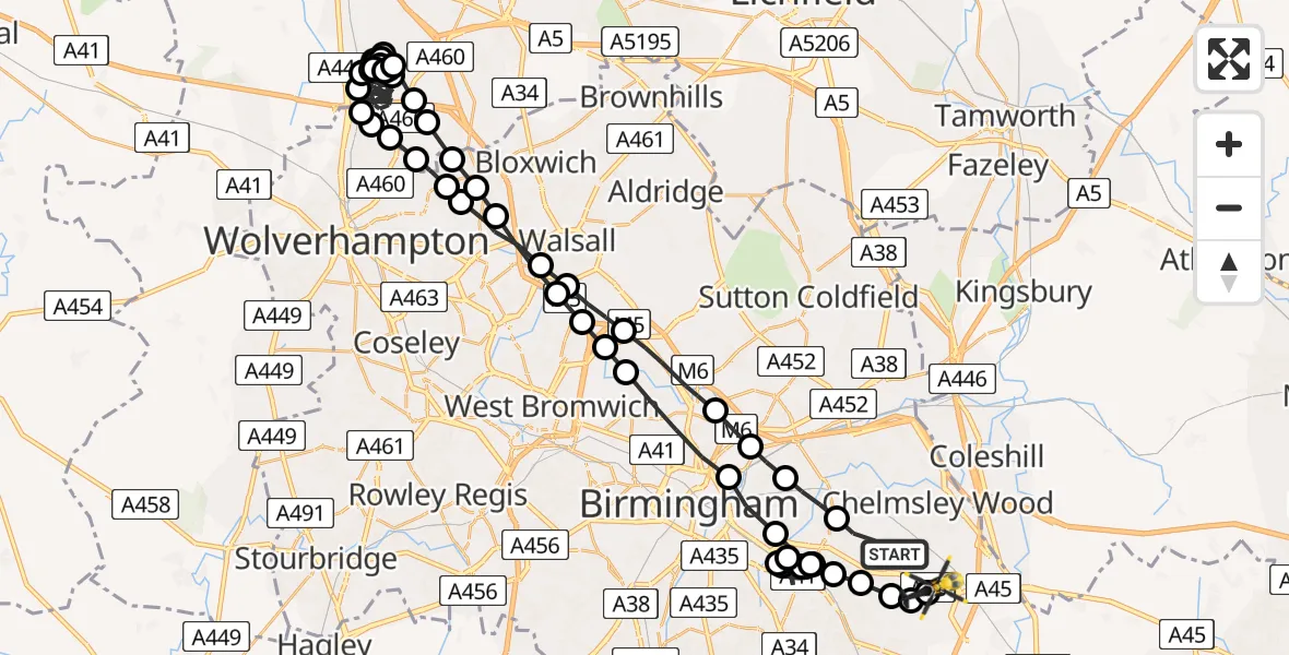Flight path map showing Police Helicopter route from Garretts Green to Bickenhill
