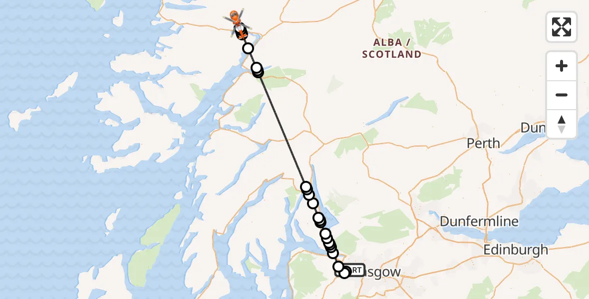 Flight path map showing Coastguard Helicopter route from Glasgow Airport to Fassfern