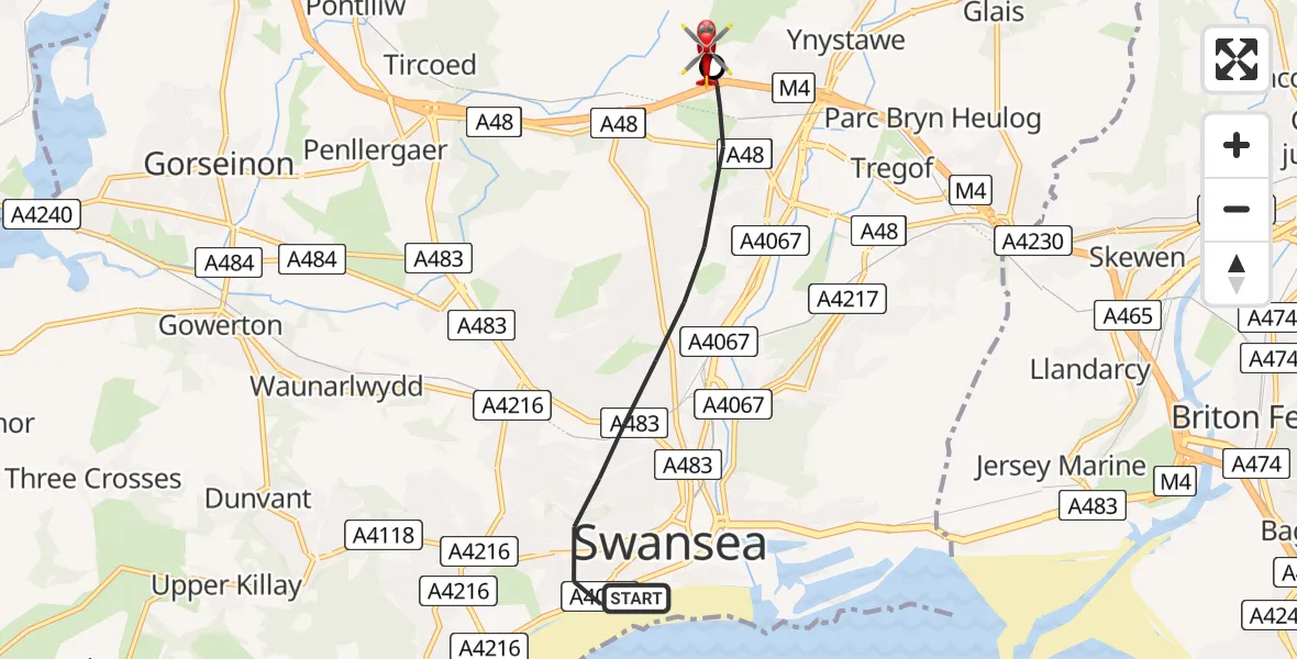 Flight path map showing Air Ambulance Helicopter route from Swansea to Morriston Hospital Helipad