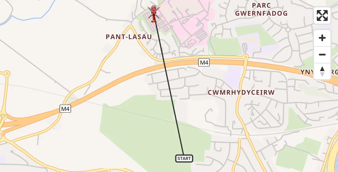 Flight path map showing Air Ambulance Helicopter route from Swansea to Morriston Hospital Helipad