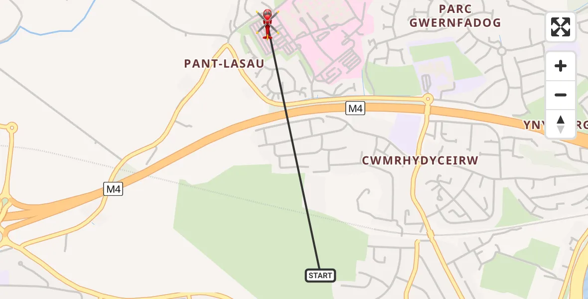 Flight path map showing Air Ambulance Helicopter route from Swansea to Morriston Hospital Helipad