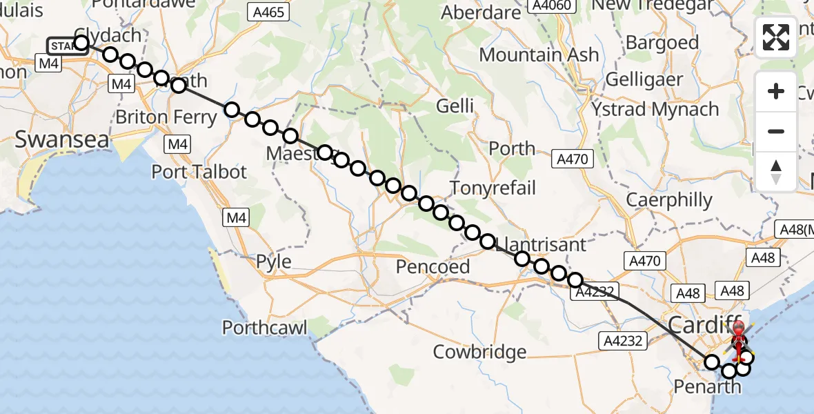Flight path map showing Air Ambulance Helicopter route from Craig-cefn-parc to Cardiff Heliport
