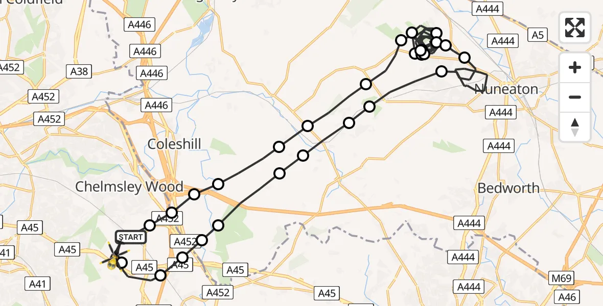 Flight route Police Helicopter Birmingham Airport - Birmingham Airport, 26 March 2026, 02:58