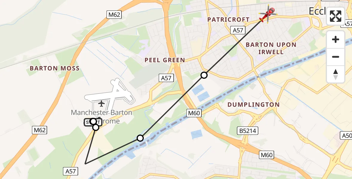 Flight path map showing Air Ambulance Helicopter route from Manchester Barton Aerodrome to Eccles