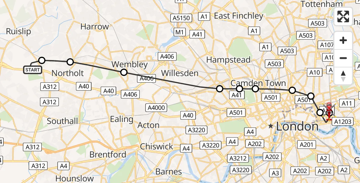 Flight path map showing Air Ambulance Helicopter route from RAF Northolt to Royal London Hospital