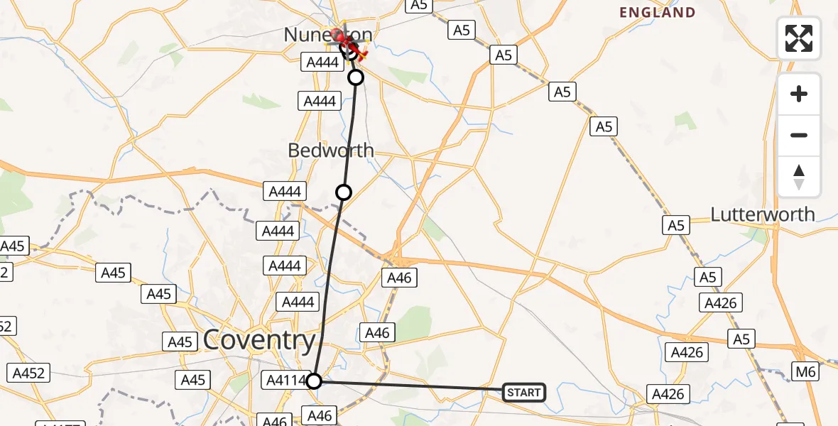 Flight path map showing Air Ambulance Helicopter route from King's Newnham CP to Horeston Grange
