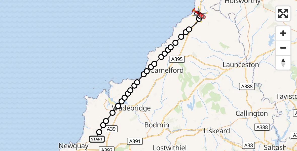 Flight path map showing Air Ambulance Helicopter route from Cornwall Airport Newquay to Poundstock