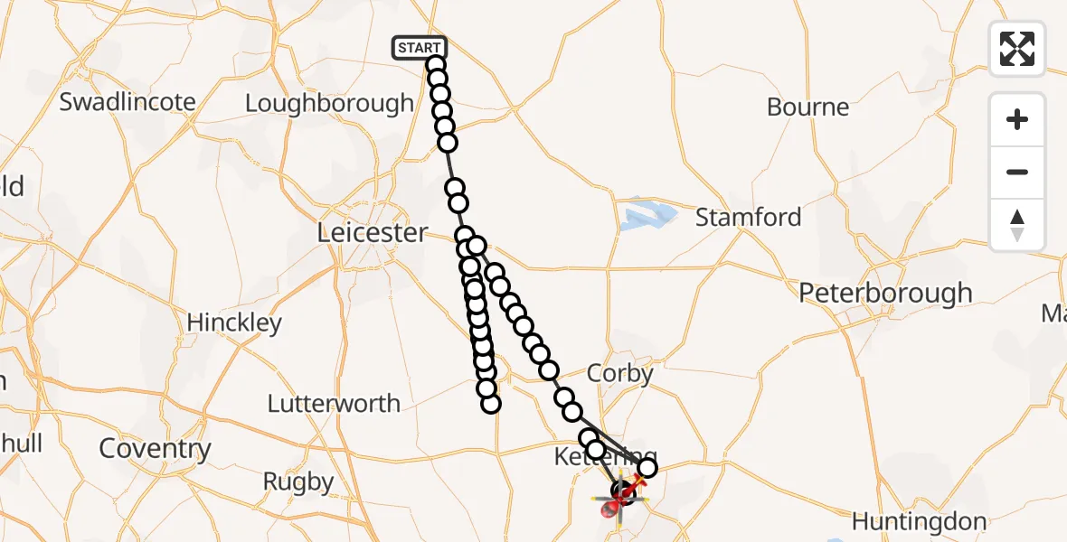 Flight path map showing Air Ambulance Helicopter route from Willoughby on the Wolds to Isham