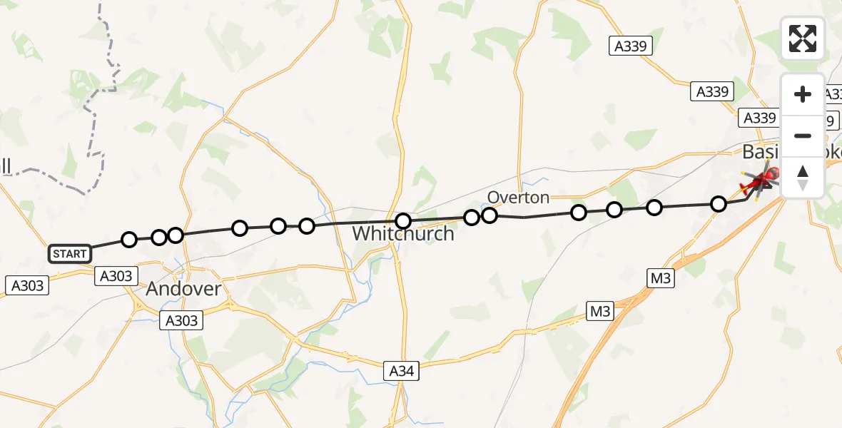 Flight path map showing Air Ambulance Helicopter route from Penton Grafton to Basingstoke