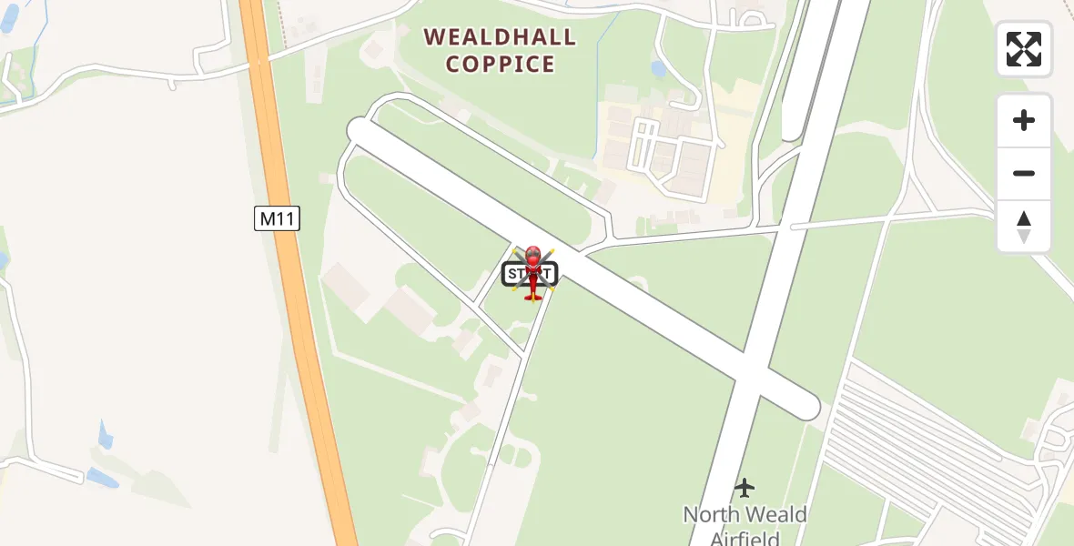 Flight path map showing Air Ambulance Helicopter route from North Weald Airfield to North Weald Airfield