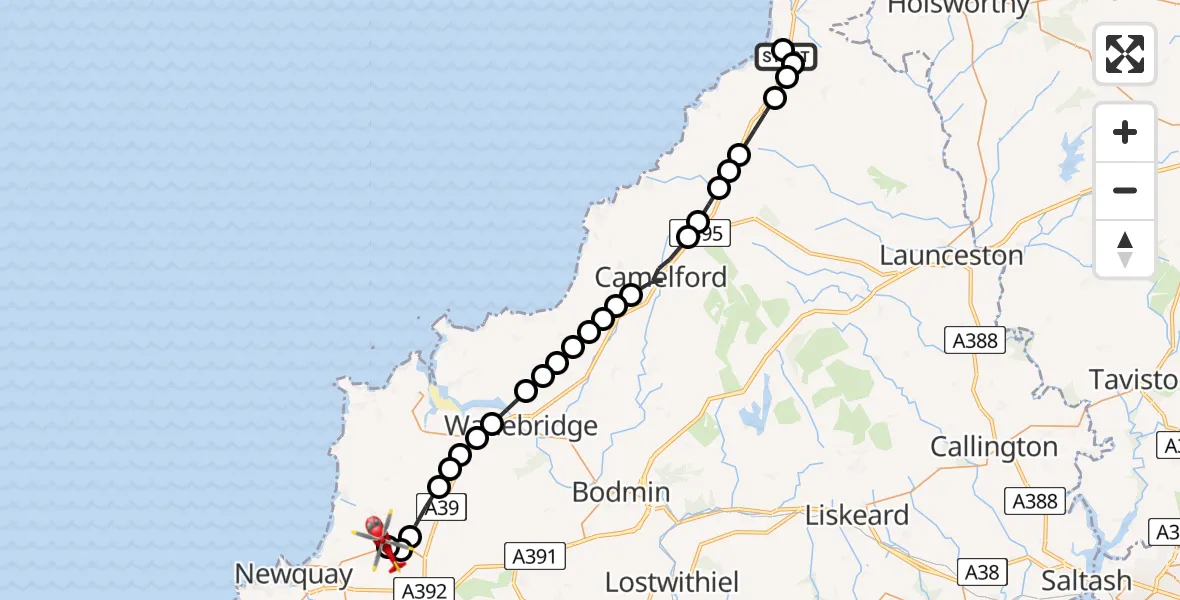 Flight path map showing Air Ambulance Helicopter route from Poundstock to Cornwall Airport Newquay