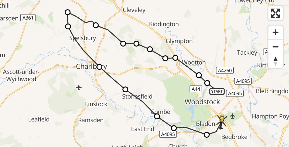 Flight path map showing Police Helicopter route from Woodstock to Kidlington