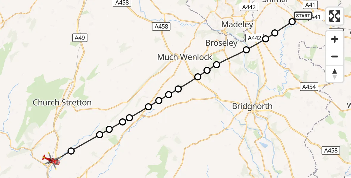 Flight path map showing Air Ambulance Helicopter route from RAF Cosford to Wistanstow