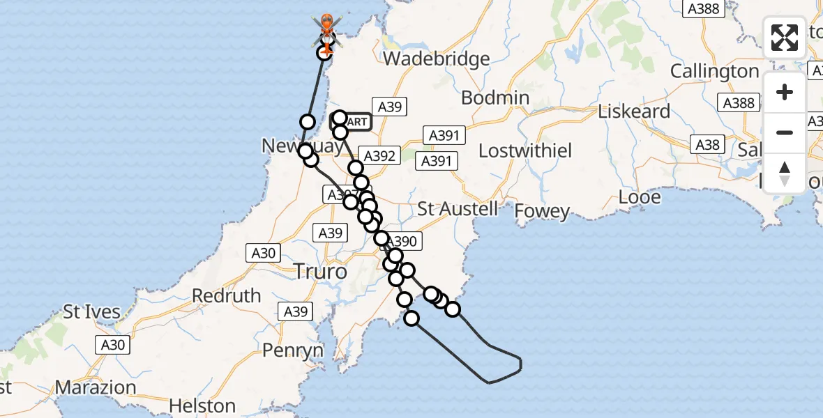 Flight path map showing Coastguard Helicopter route from Cornwall Airport Newquay to Constantine Bay