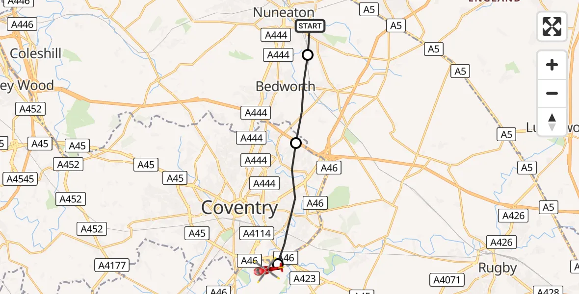 Flight path map showing Air Ambulance Helicopter route from Horeston Grange to Coventry Airport