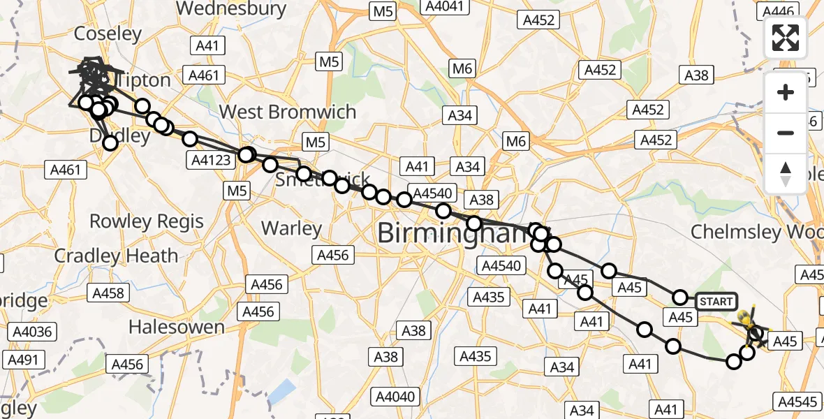 Flight path map showing Police Helicopter route from Birmingham to Birmingham Airport