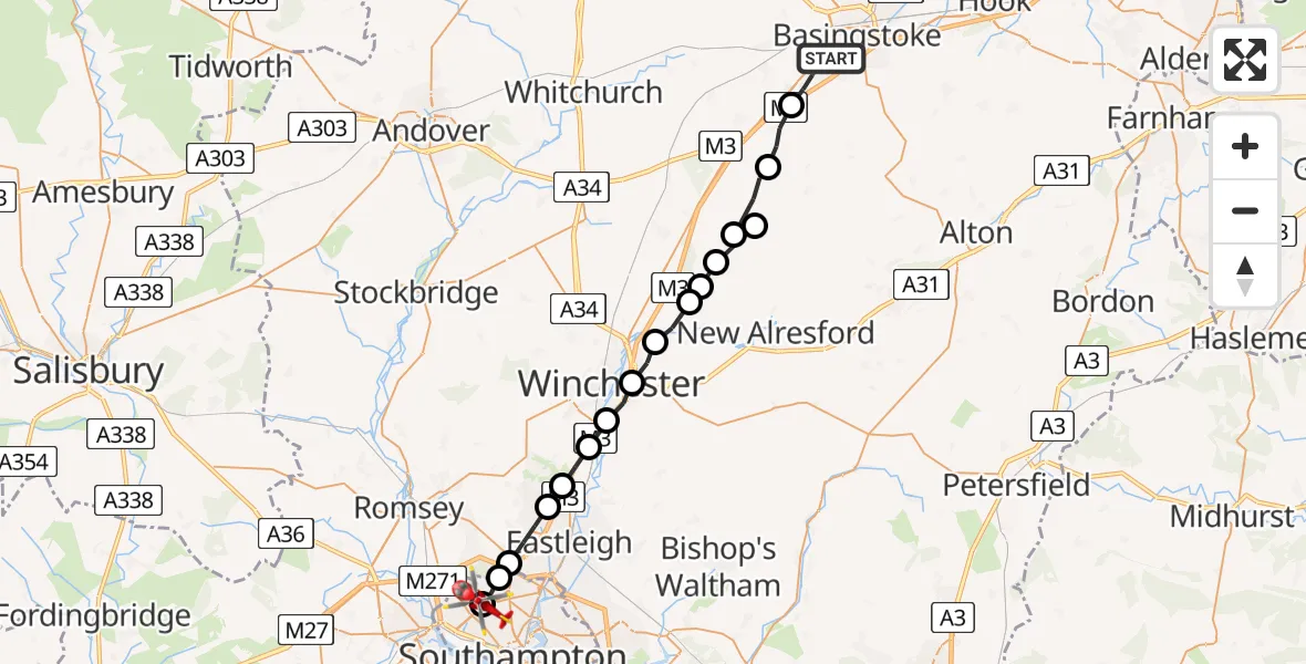 Flight path map showing Air Ambulance Helicopter route from Basingstoke to University Hospital Southampton